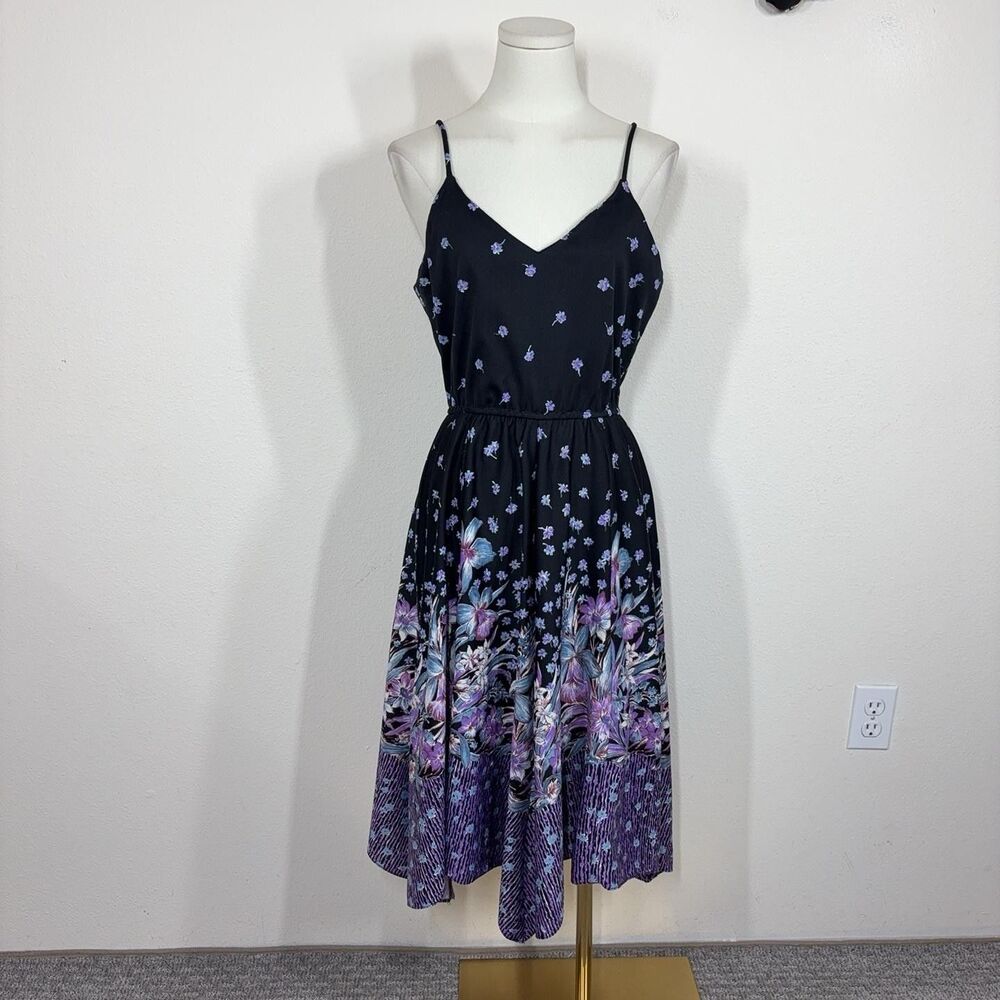 Vintage JR Dressworks Dress Juniors 11 Black Floral Midi Sundress Boho 80s Retro